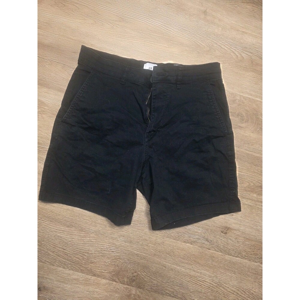 H&M Men's Black Cotton Chino Shorts Regular Fit Flat Front Pockets
